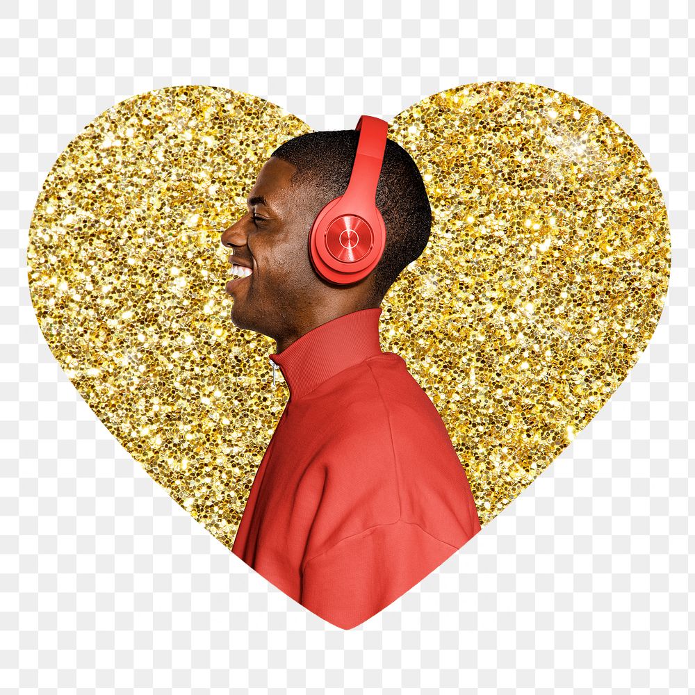 Png man with headphones badge sticker, gold glitter heart shape, transparent background