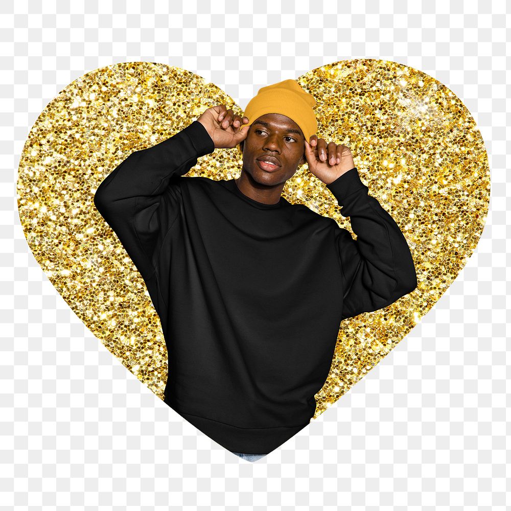 Man wearing beanie png badge sticker, gold glitter heart shape, transparent background