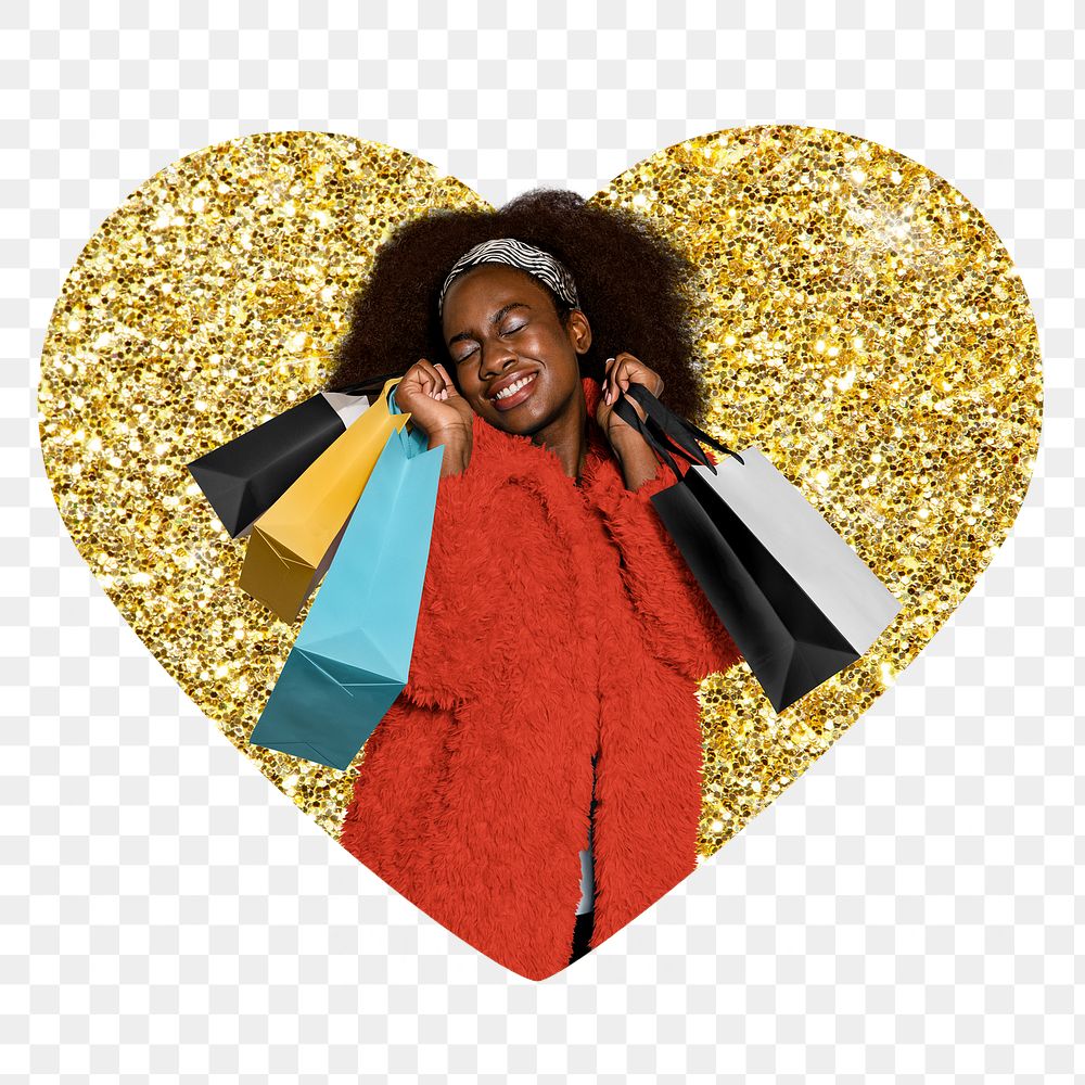 Woman shopping png badge sticker, gold glitter heart shape, transparent background