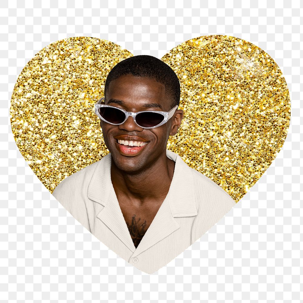 Png African man with shades badge sticker, gold glitter heart shape, transparent background