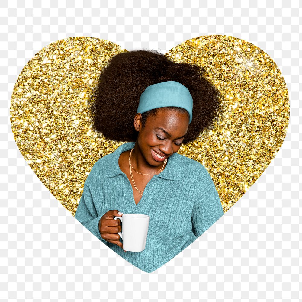 Png woman drinking coffee badge sticker, gold glitter heart shape, transparent background