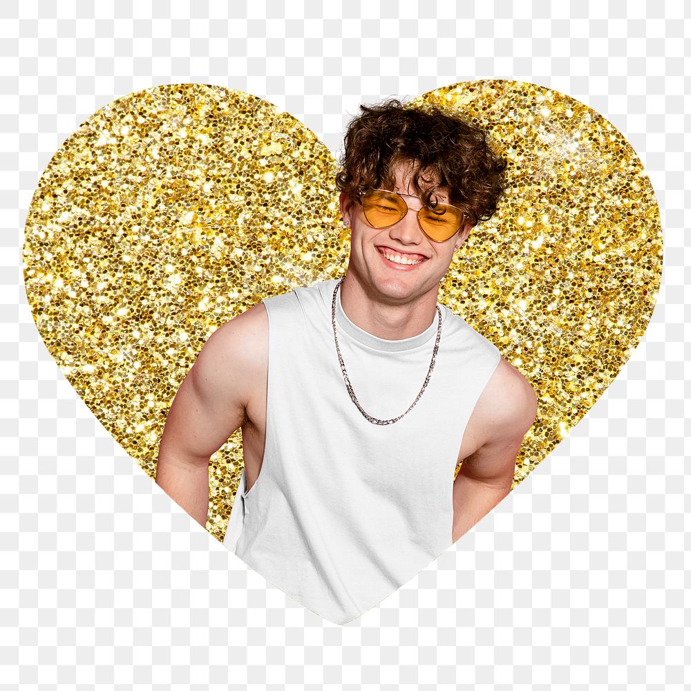 Funky man png badge sticker, gold glitter heart shape, transparent background