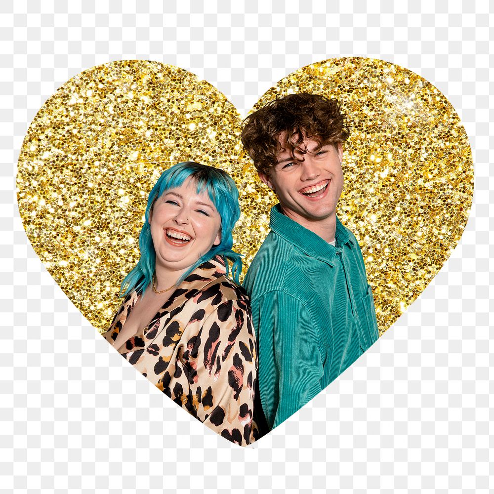 Cute couple png badge sticker, gold glitter heart shape, transparent background