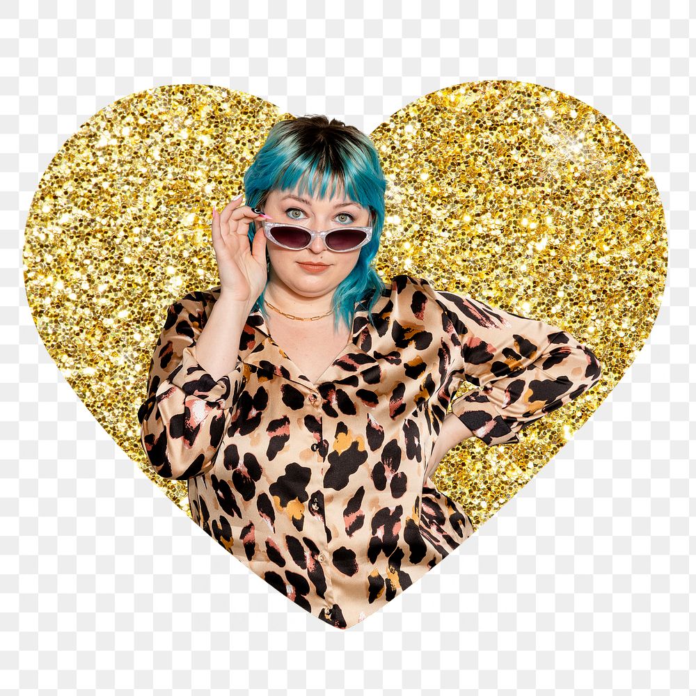 Confident woman png badge sticker, gold glitter heart shape, transparent background