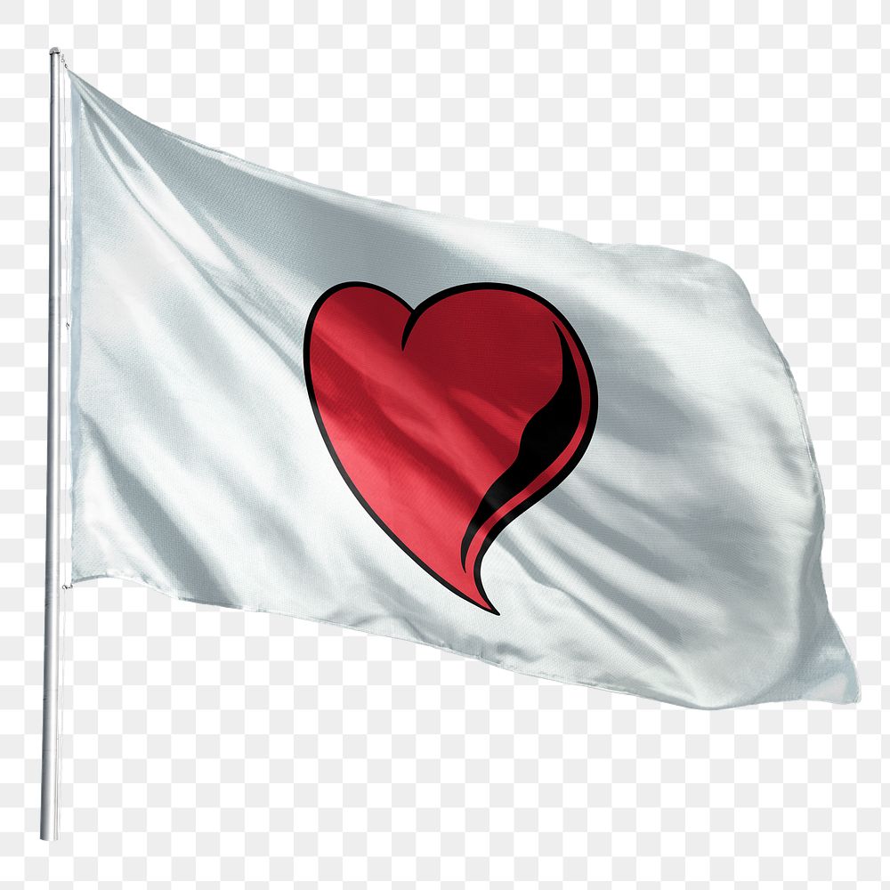 Waving red png heart flag sticker, Valentine concept, transparent background