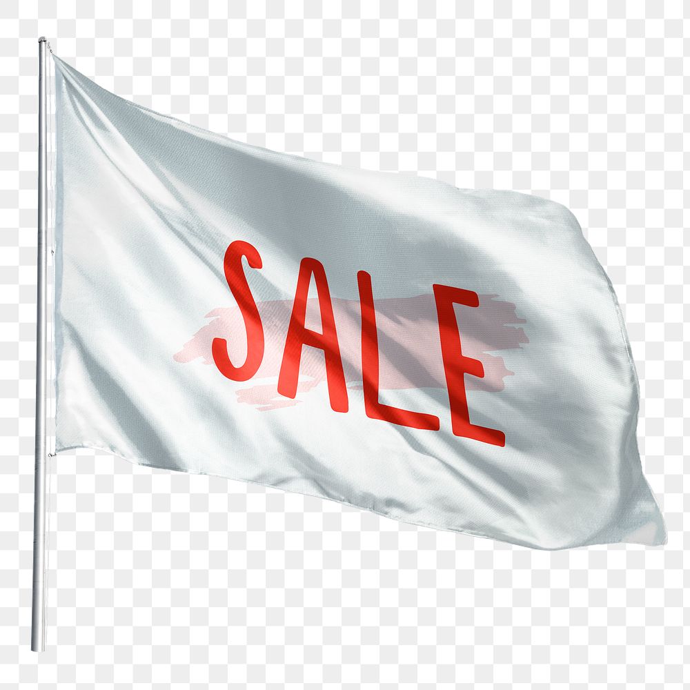 Waving white sale png flag sticker, transparent background