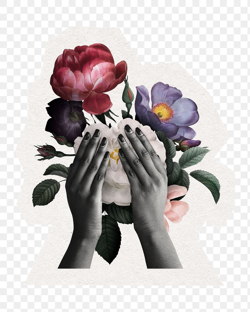 Floral woman png sticker, botanical illustration mixed media, digital collage art in transparent background