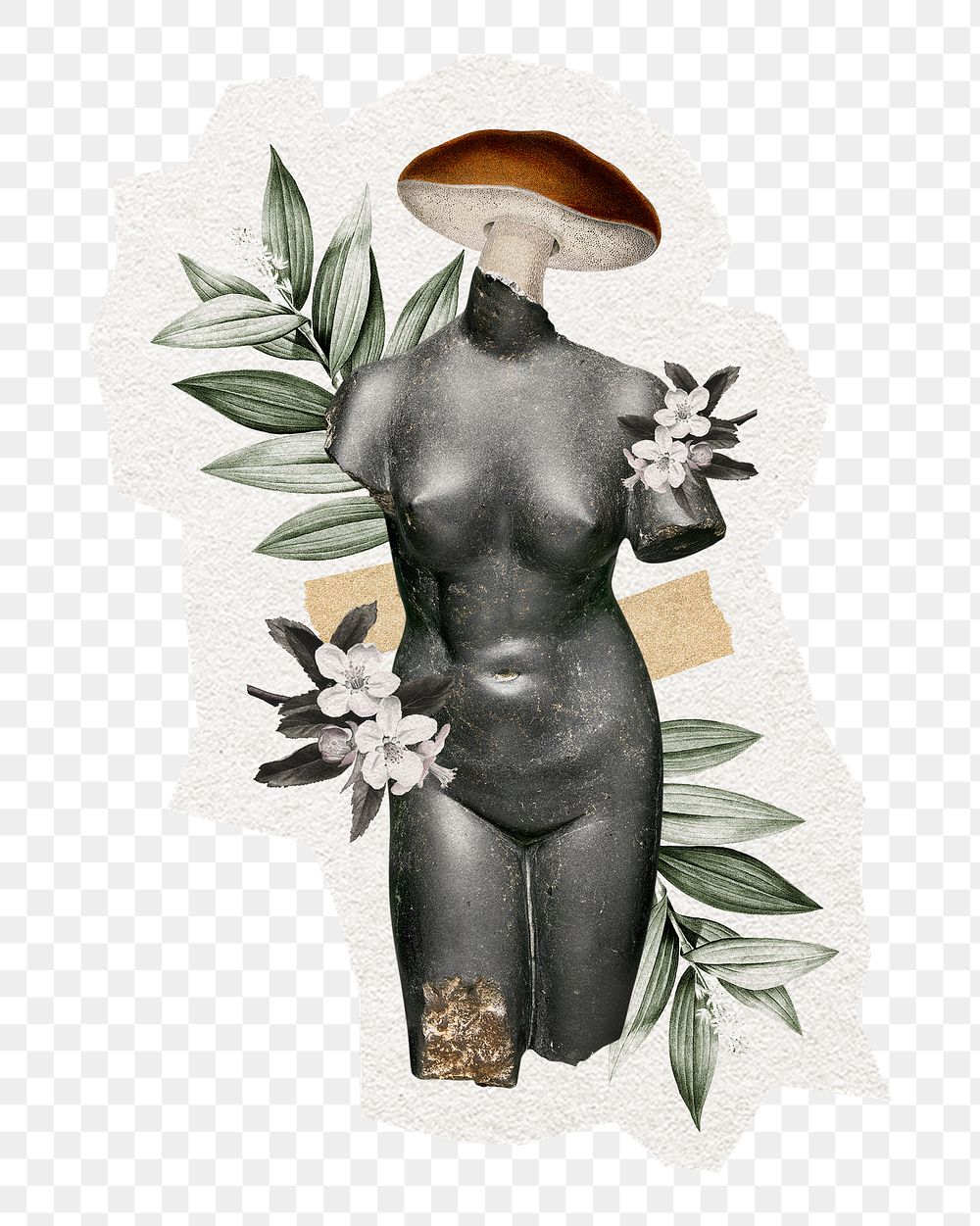Nude png sculpture sticker, botanical illustration mixed media, digital collage art in transparent background