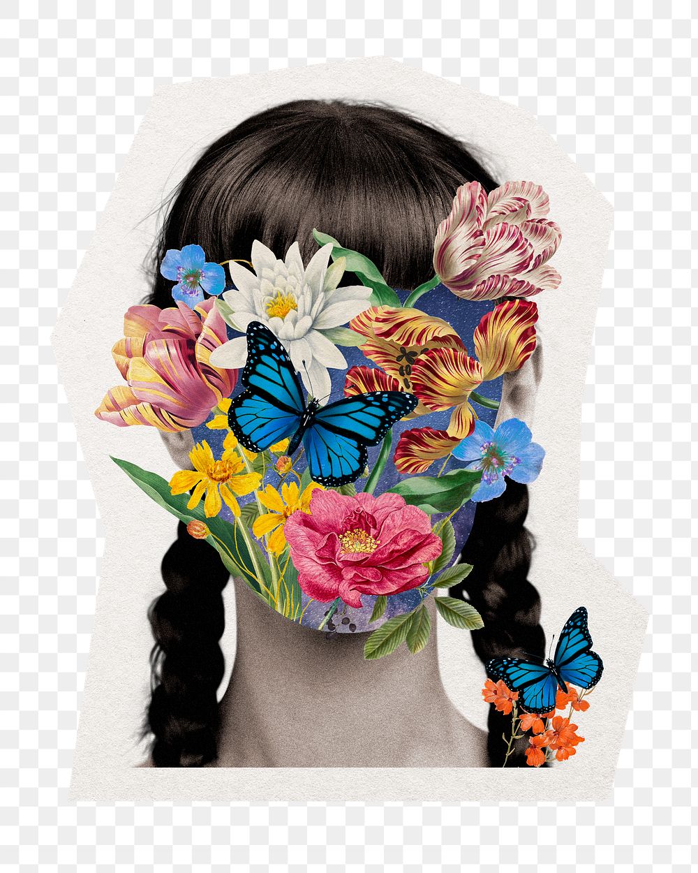 PNG sticker floral woman, botanical illustration mixed media, digital collage art in transparent background