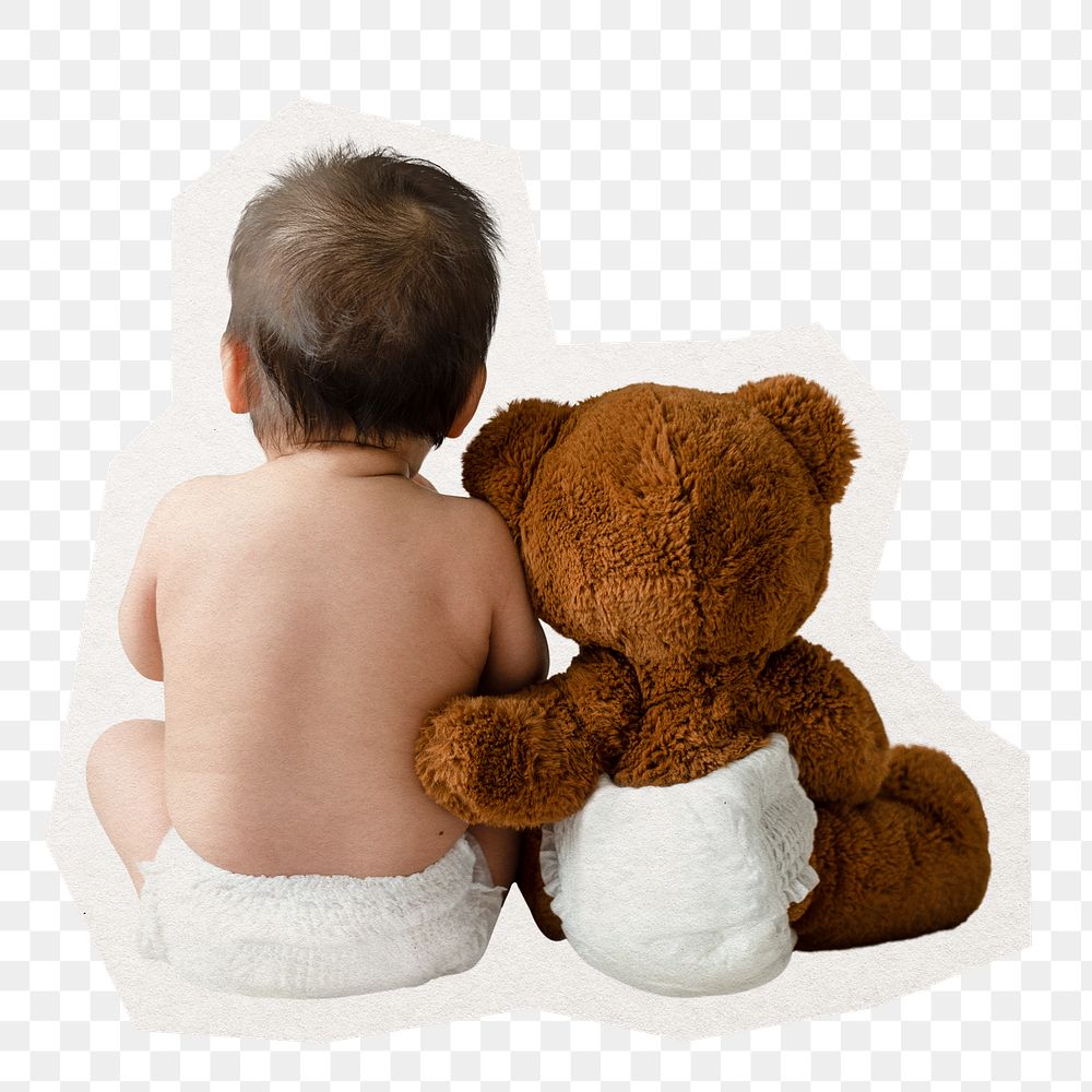 PNG baby with teddy sticker, collage element in transparent background