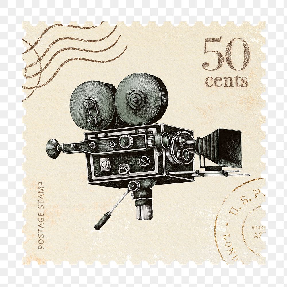 Png vintage camera postage stamp sticker, transparent background