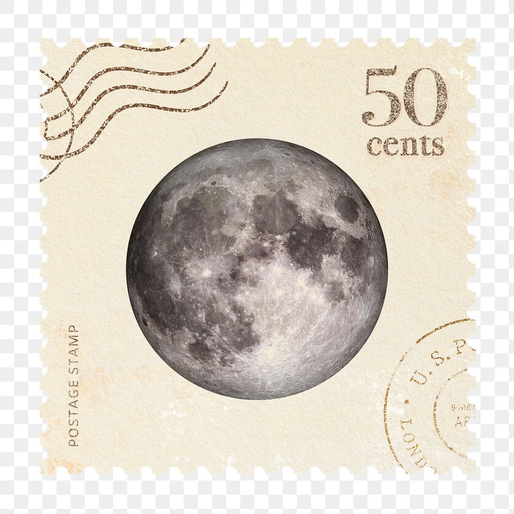 Png moon postage stamp sticker, vintage design, transparent background 