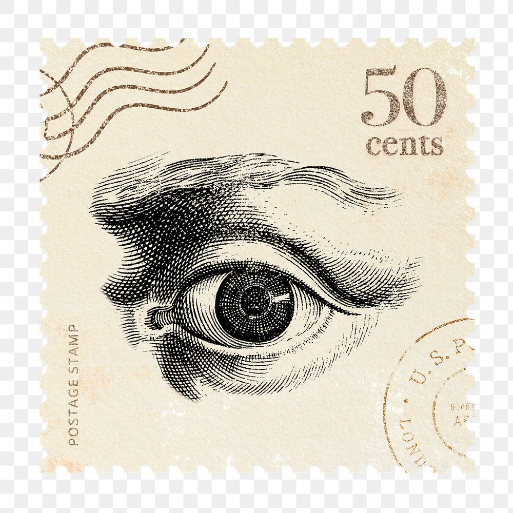 Eye png postage stamp sticker, hand drawn, transparent background