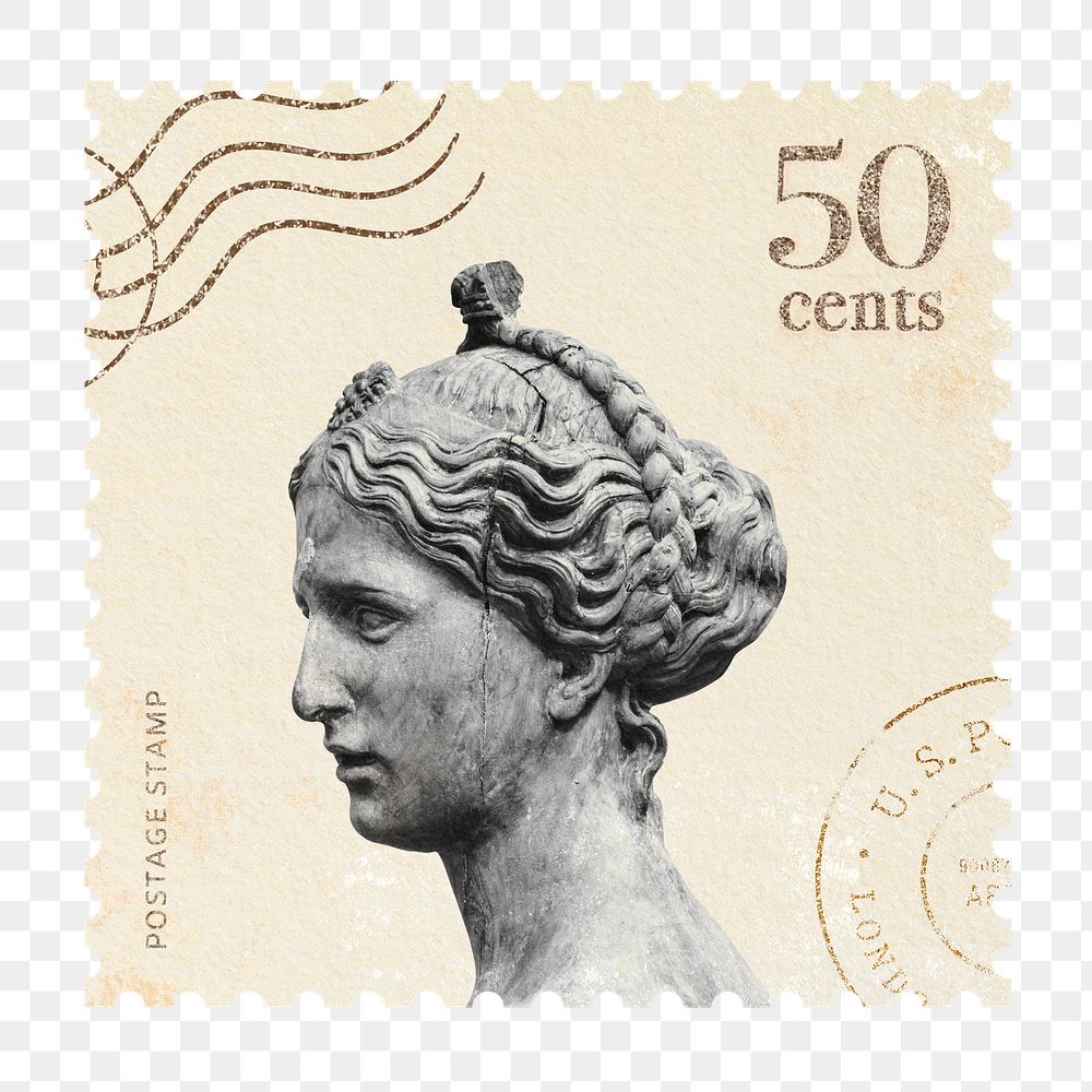 Png goddess postage stamp sticker, vintage design, transparent background 