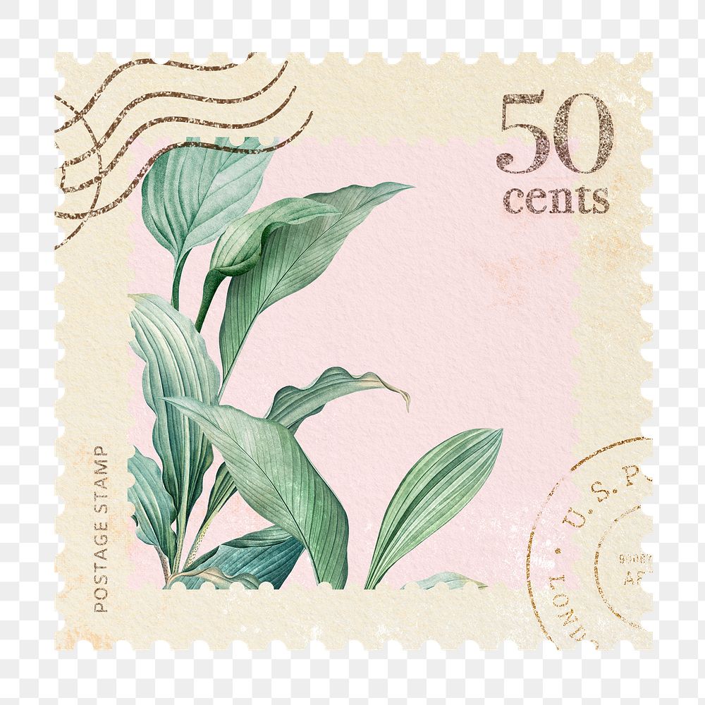 Png postage stamp sticker leaves illustration, transparent background