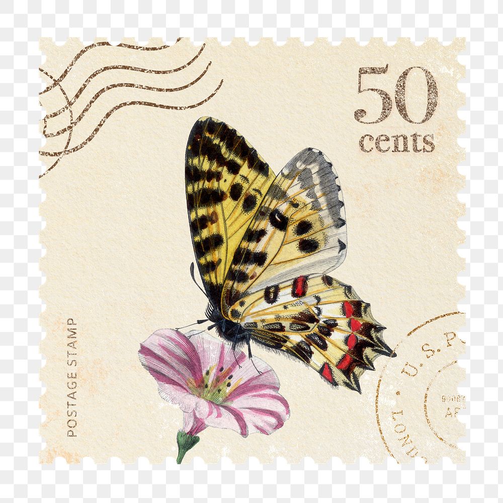 Butterfly png postage stamp sticker, vintage design, transparent background