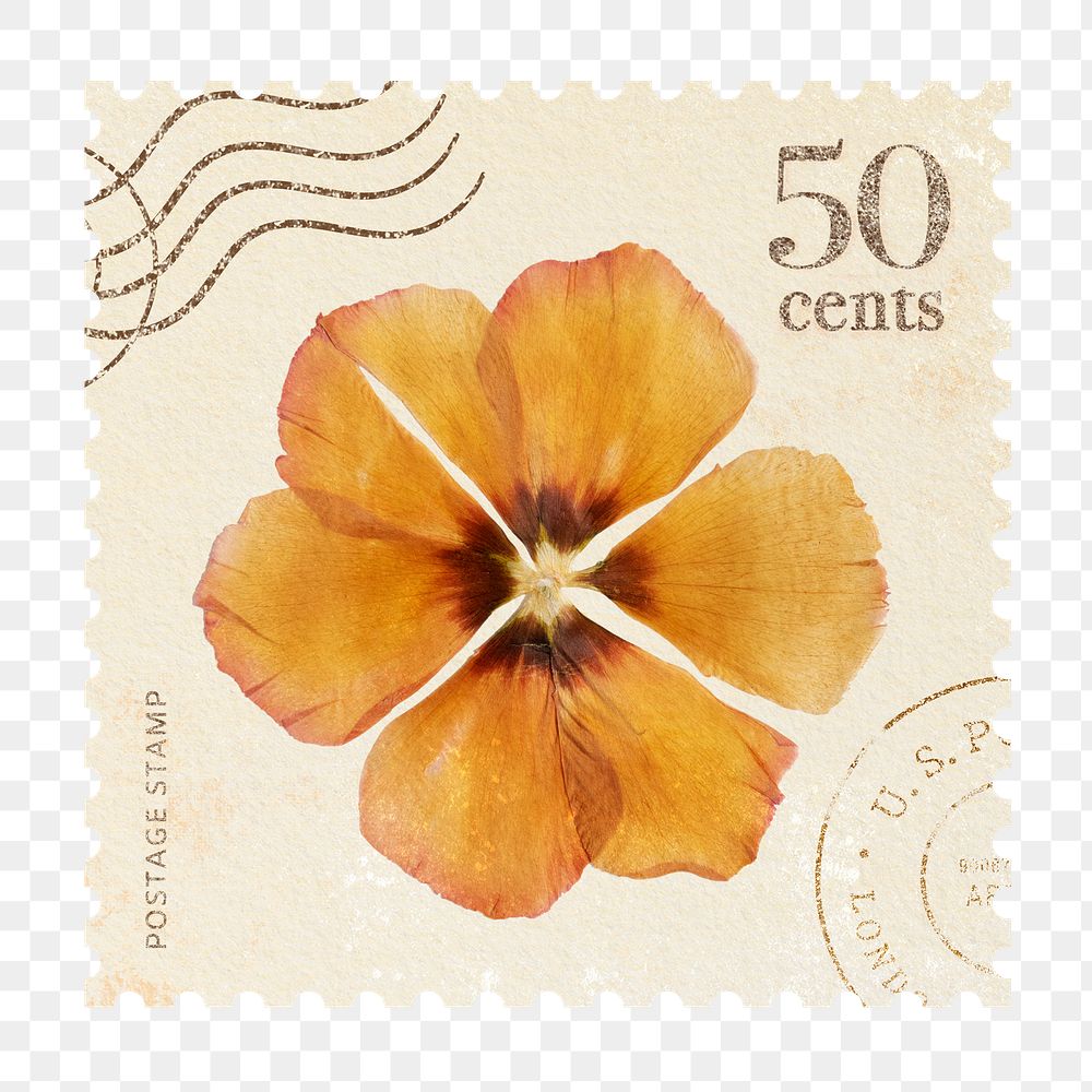 Png flower postage stamp sticker, vintage design, transparent background