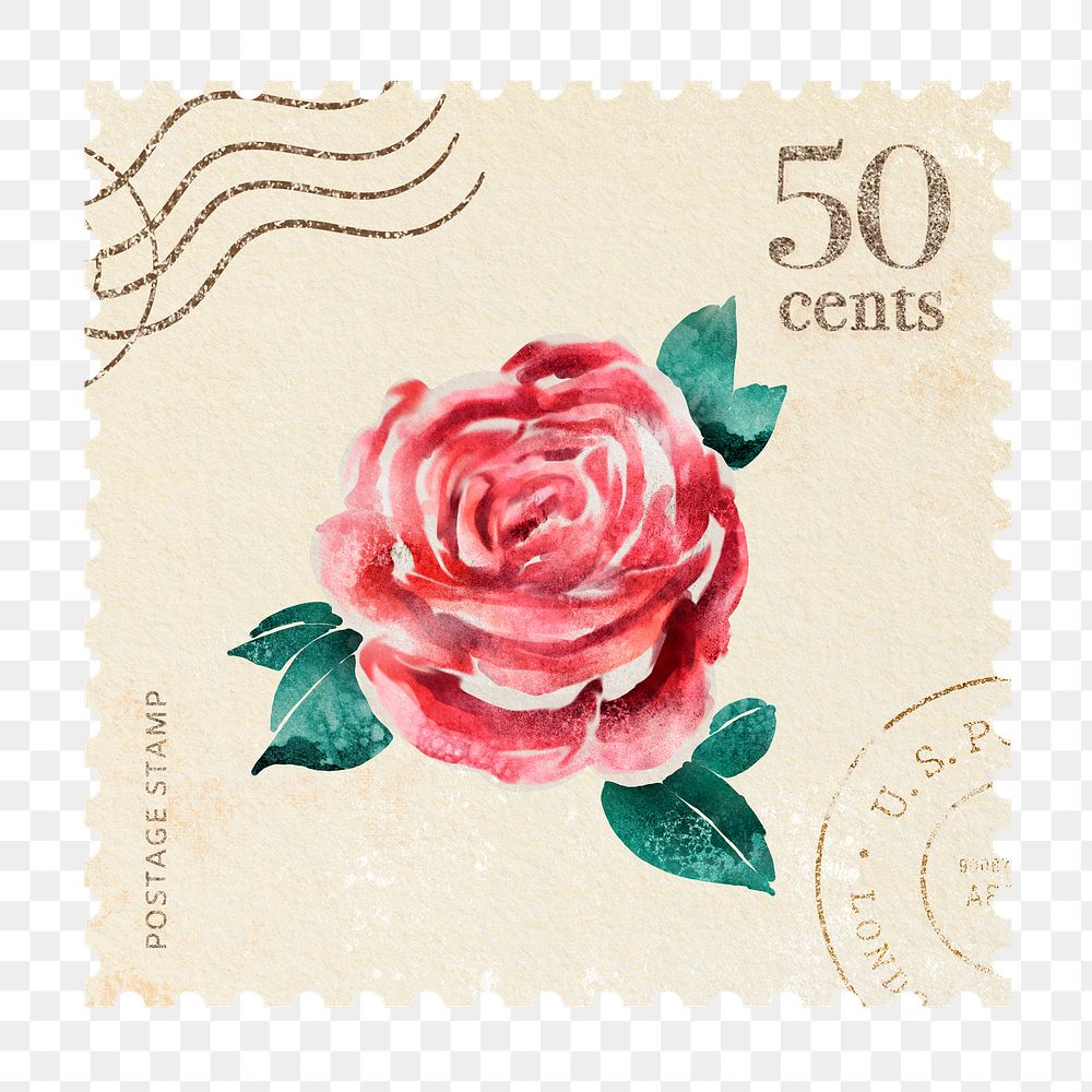 Watercolour rose png postage stamp sticker, bullet journal, transparent background
