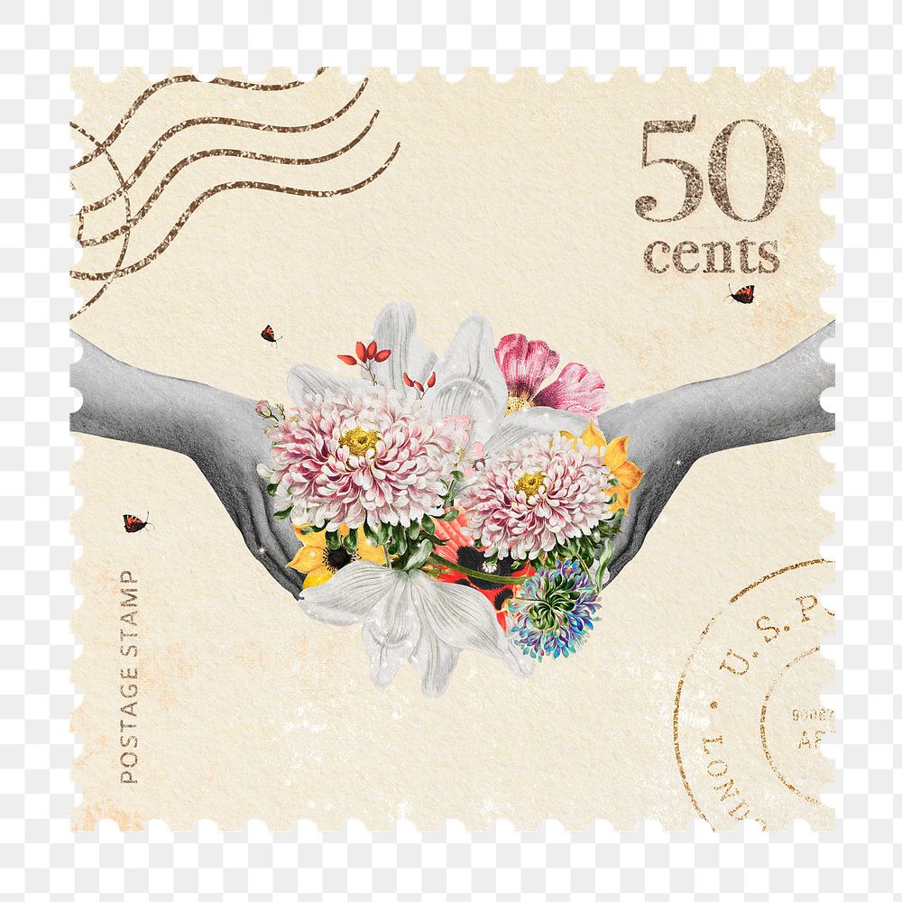 Postage stamp png sticker, flower blooming collage art, transparent background