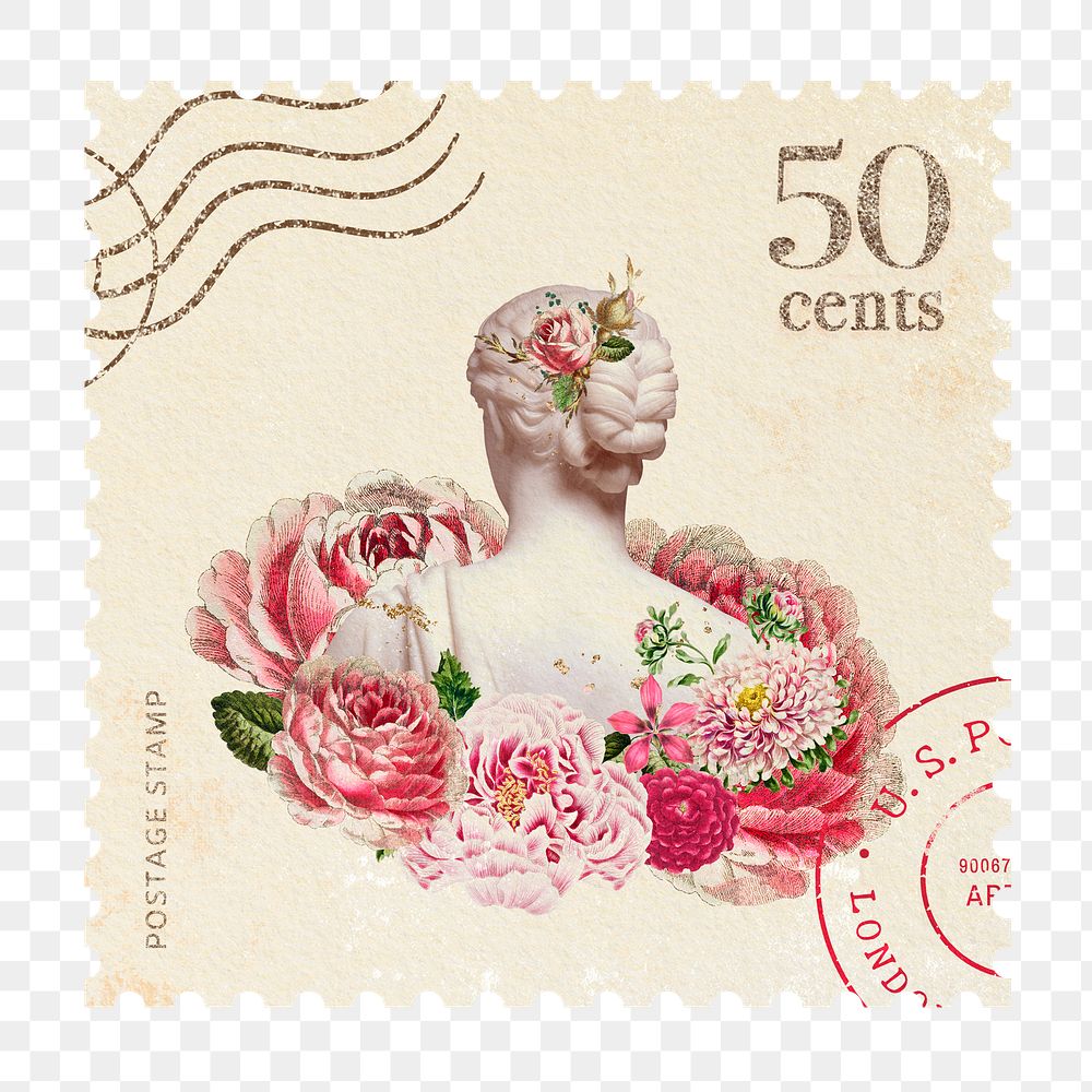 Postage stamp png sticker, blooming collage art, transparent background