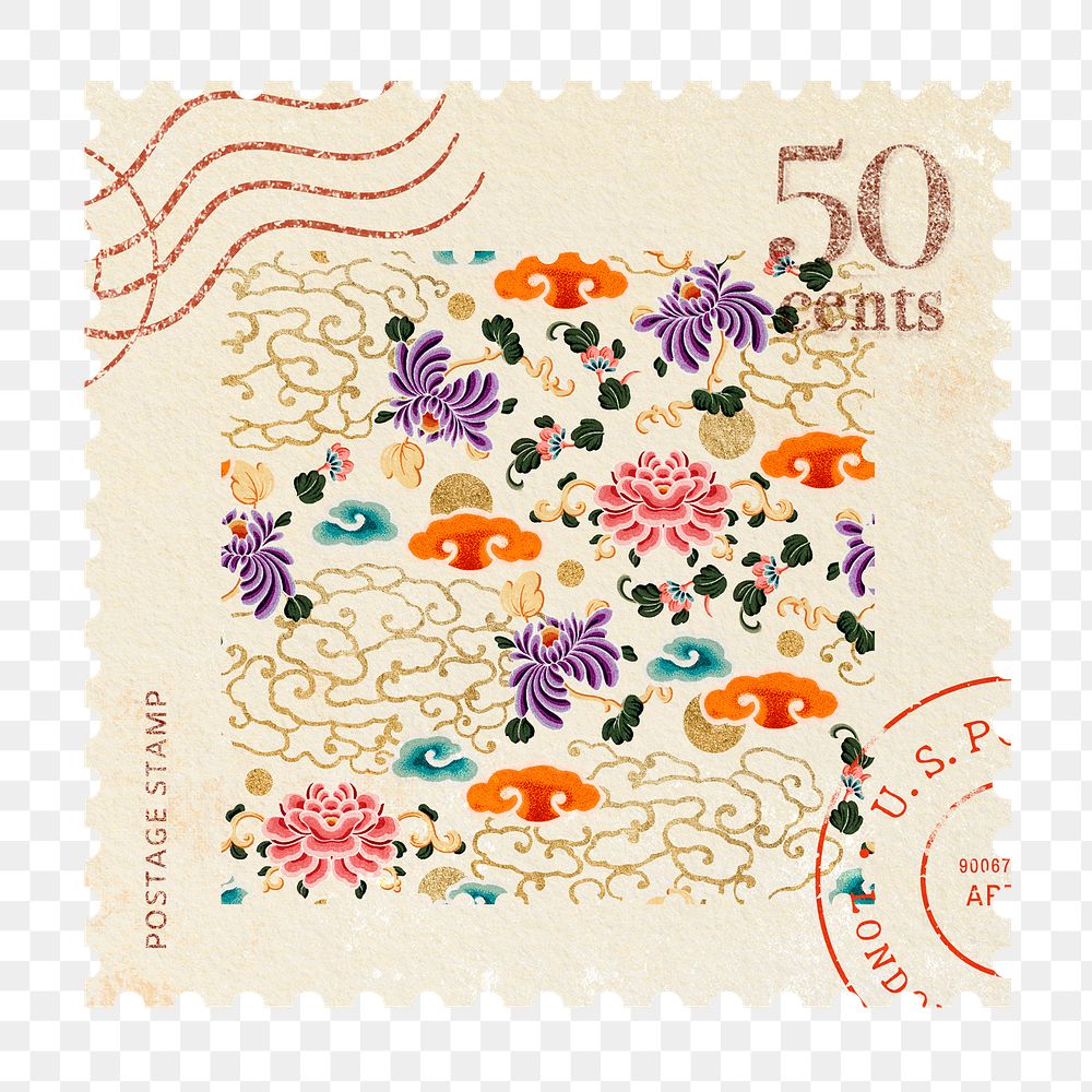 Png postage stamp vintage sticker, traditional Chinese flower pattern, transparent background