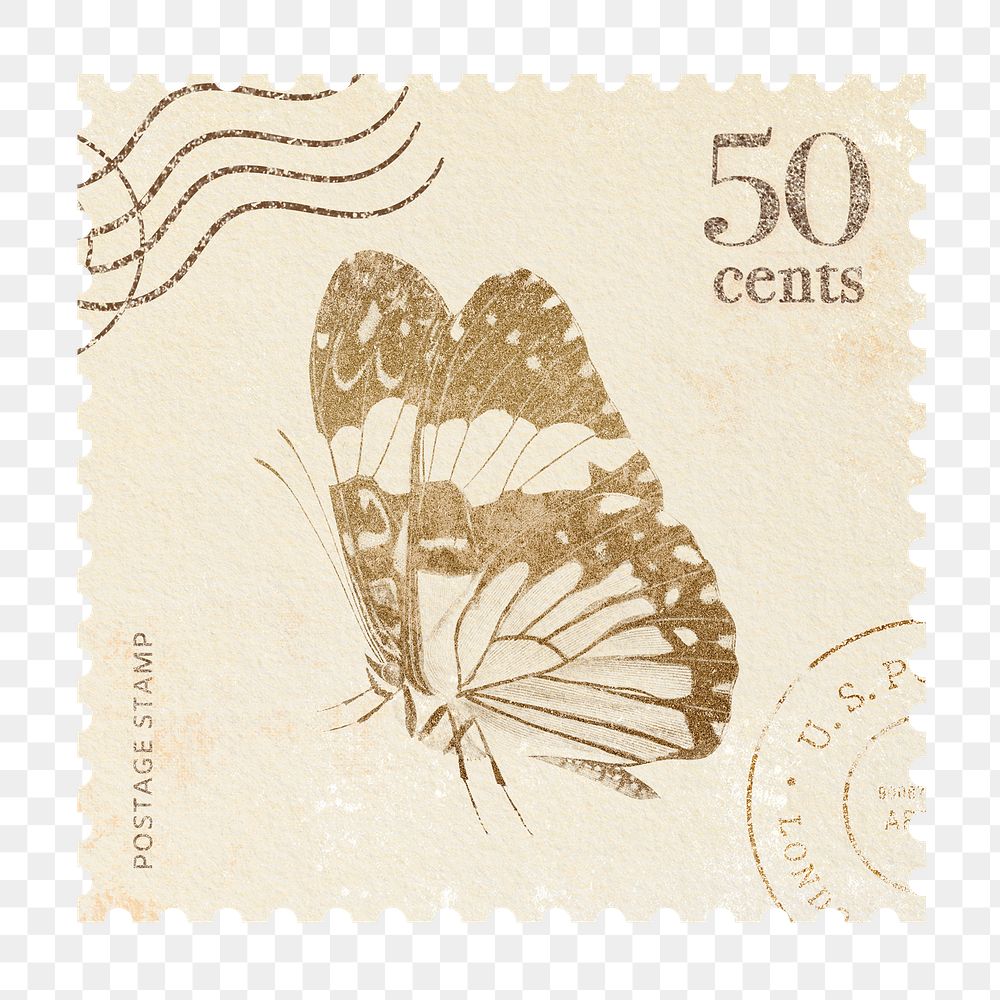 Glitter png postage stamp sticker, butterfly, transparent background