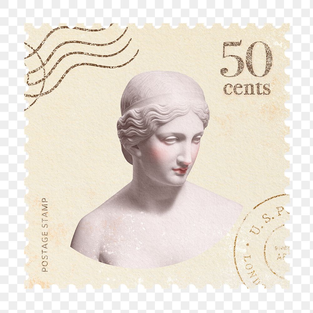 Png goddess postage stamp sticker, vintage design, transparent background 