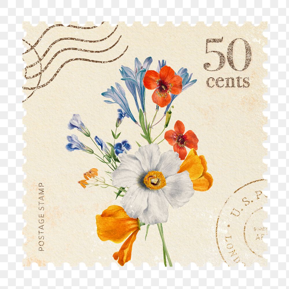 Floral png postage stamp sticker, flower bouquet illustration, transparent background