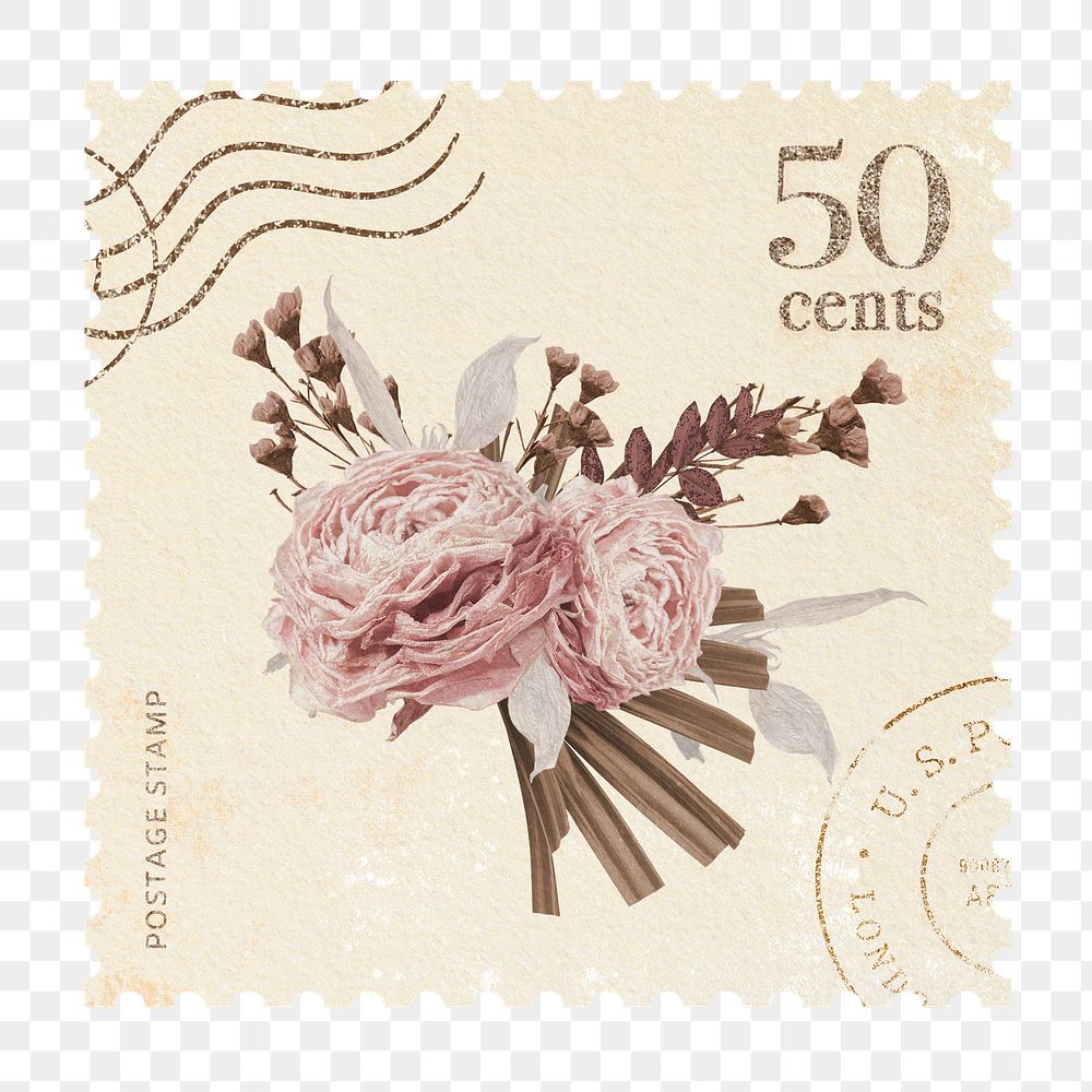 Png flowers postage stamp sticker, vintage design, transparent background