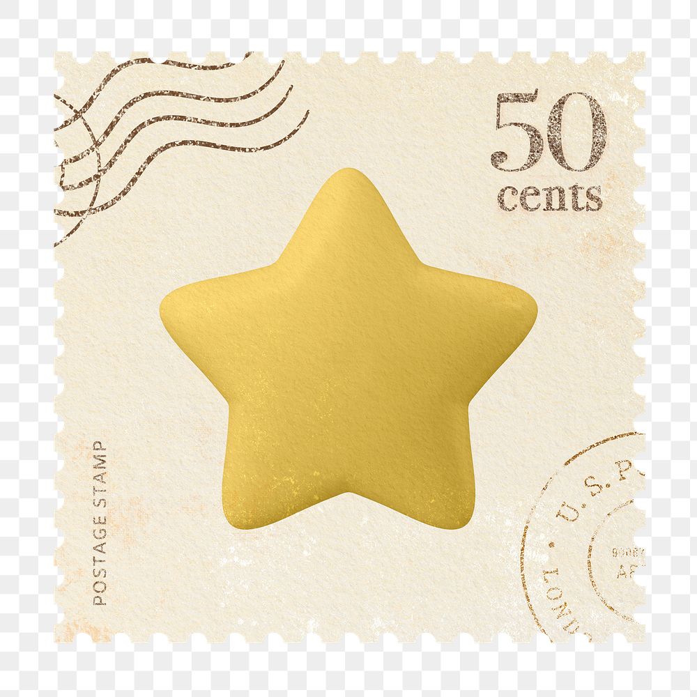 Png postage stamp scrapbook sticker, 3D star, transparent background