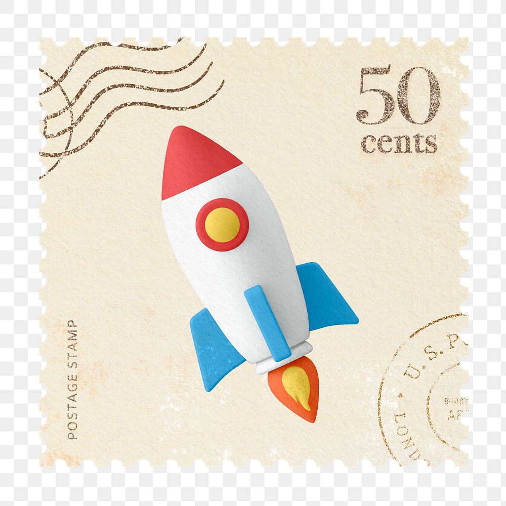 Png postage stamp scrapbook sticker, 3D rocket, transparent background
