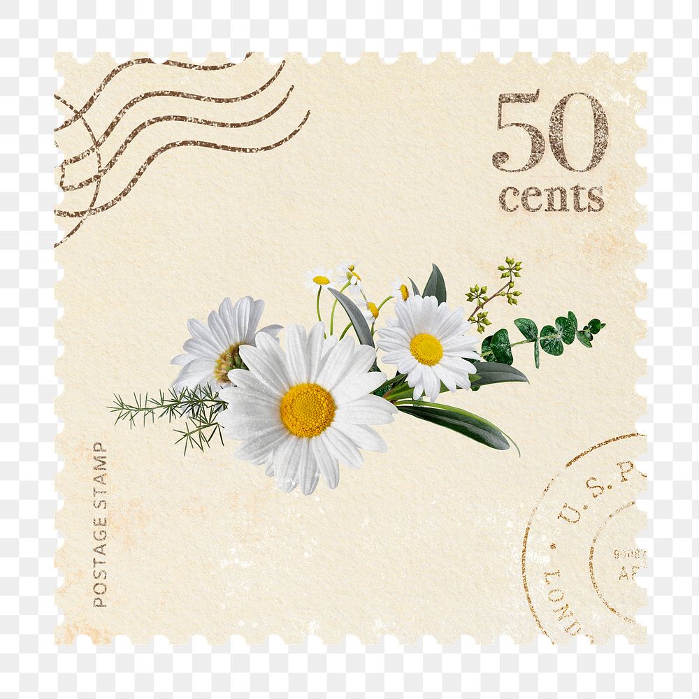 Png postage stamp sticker daisy illustration, transparent background