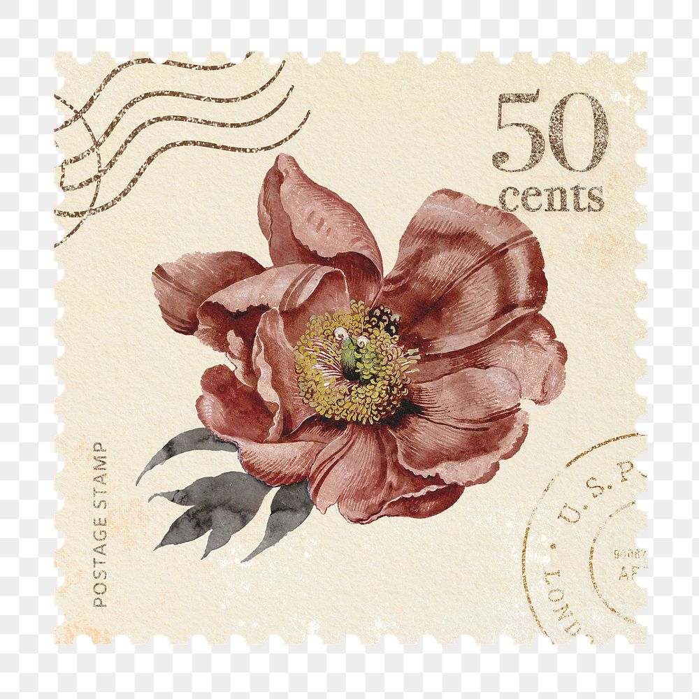 Png flower postage stamp sticker, vintage floral design, transparent background