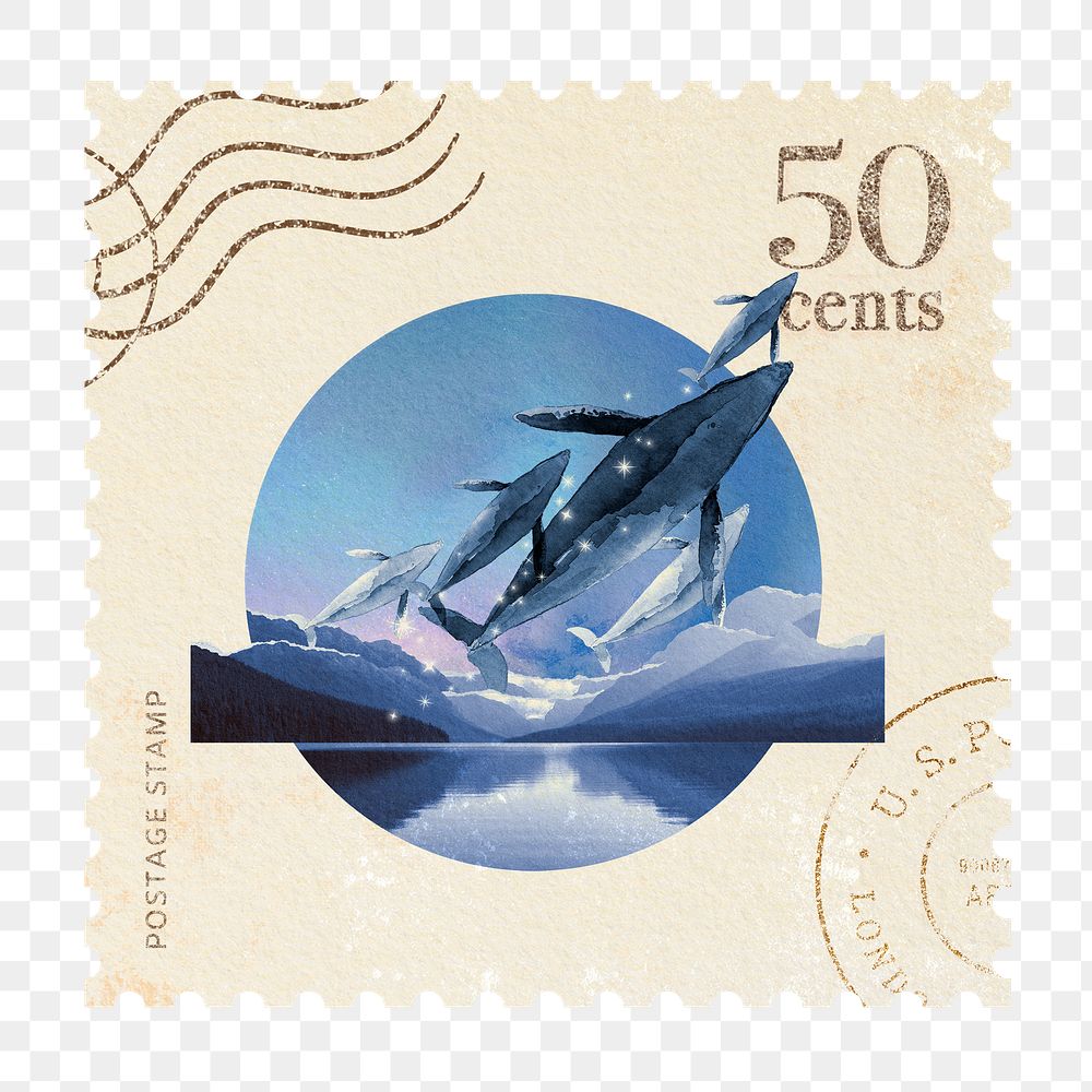 Postage stamp png sticker, whales collage art, transparent background