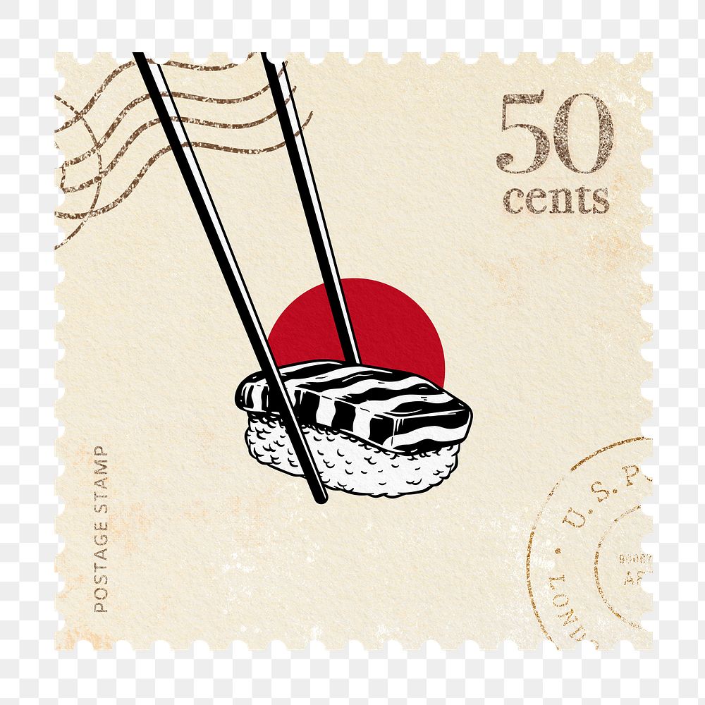 Sushi png post stamp sticker, Japanese illustration, transparent background