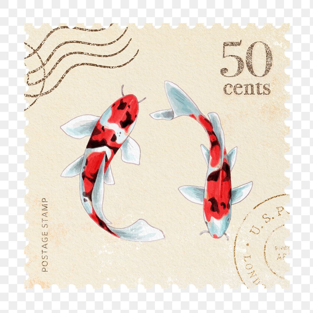 Koi png post stamp sticker, Japanese illustration, transparent background