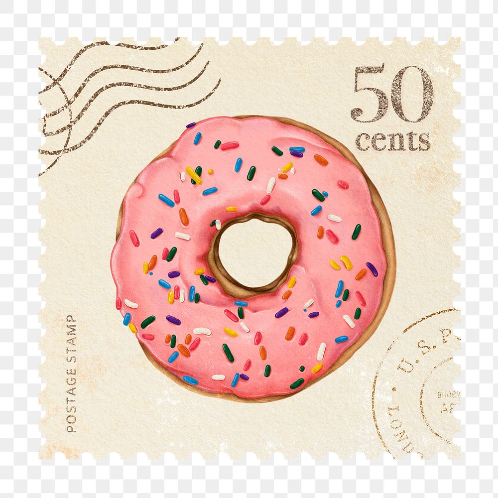 Png vintage postage stamp sticker, donut, transparent background