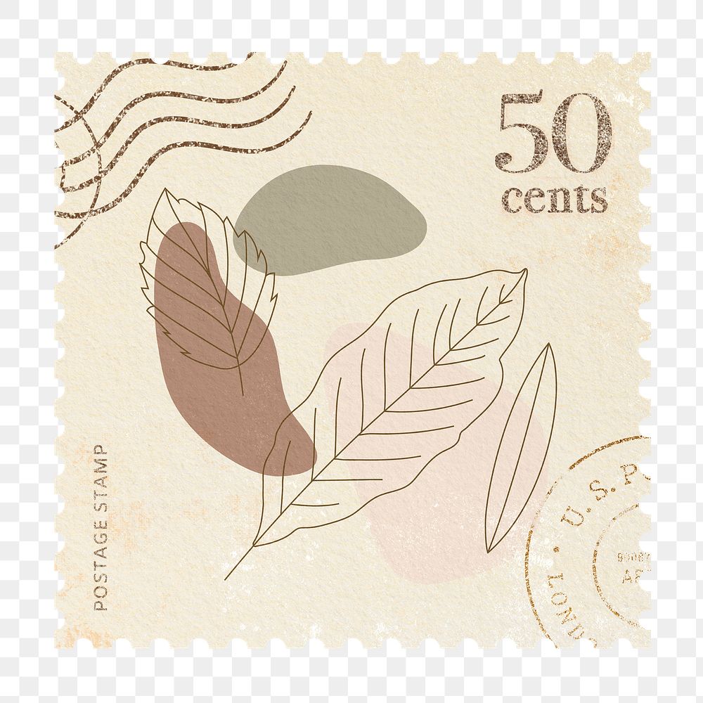 Png post stamp sticker leaves illustration, transparent background