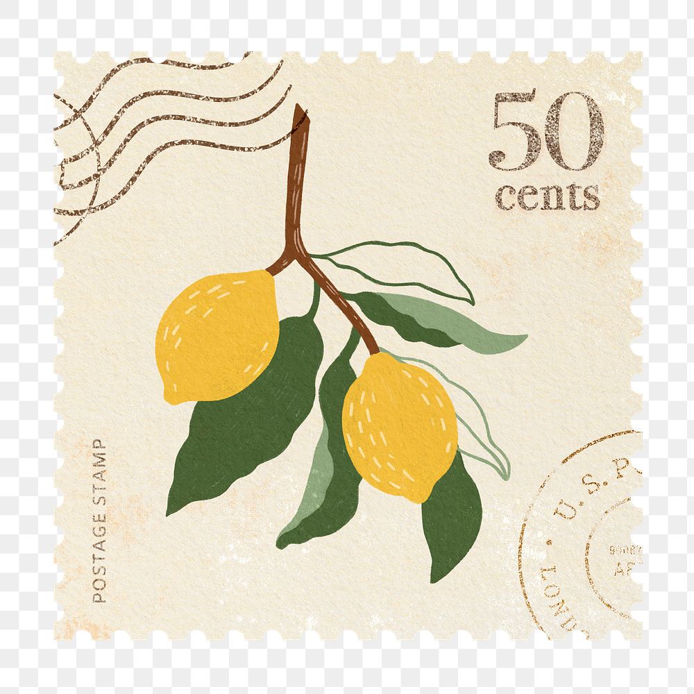 Png lemons postage stamp sticker, minimal design, transparent background