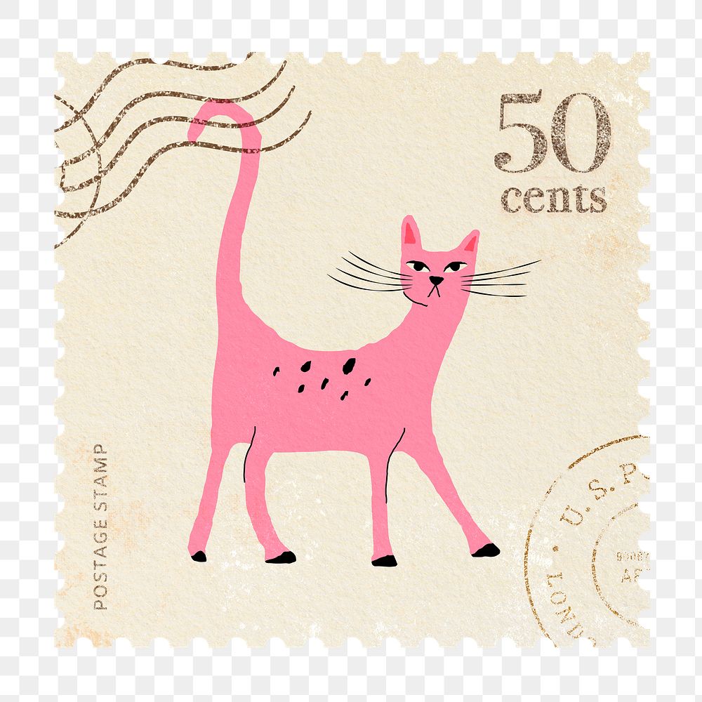 Cat png post stamp sticker, colourful illustration, transparent background