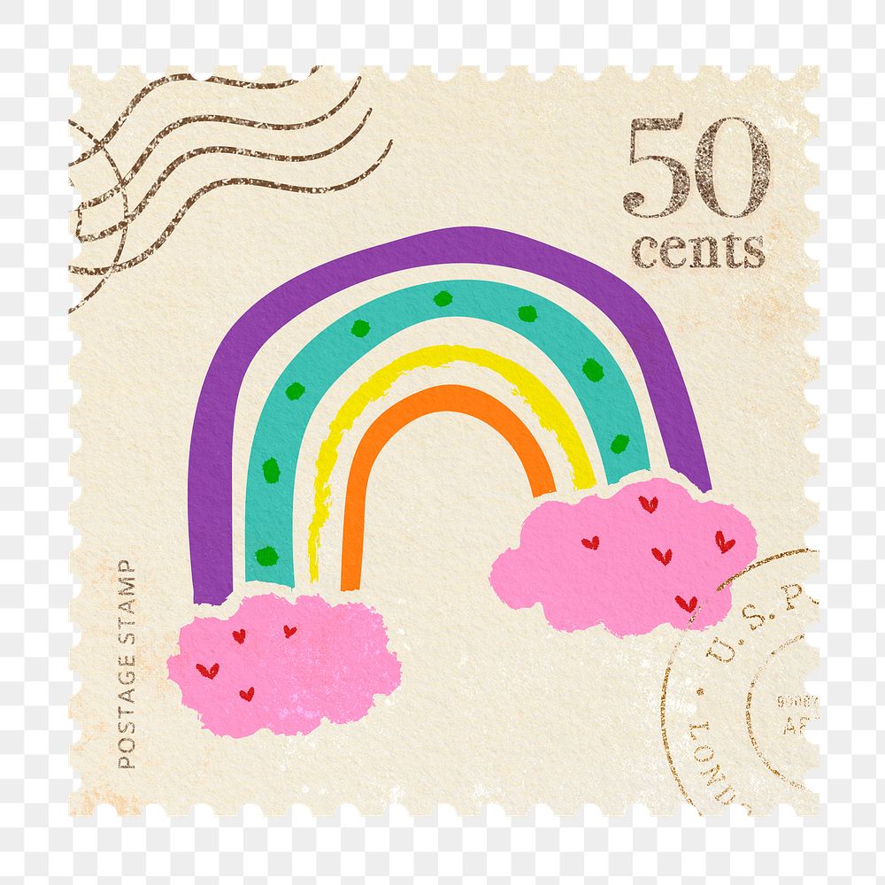 Rainbow png sticker postage stamp, colorful illustration, transparent background