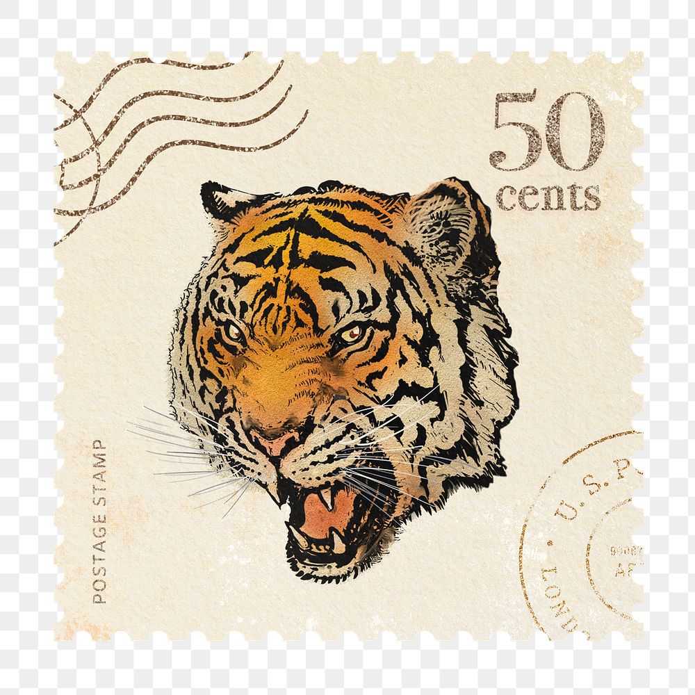 Png tiger postage stamp sticker, vintage painting, transparent background