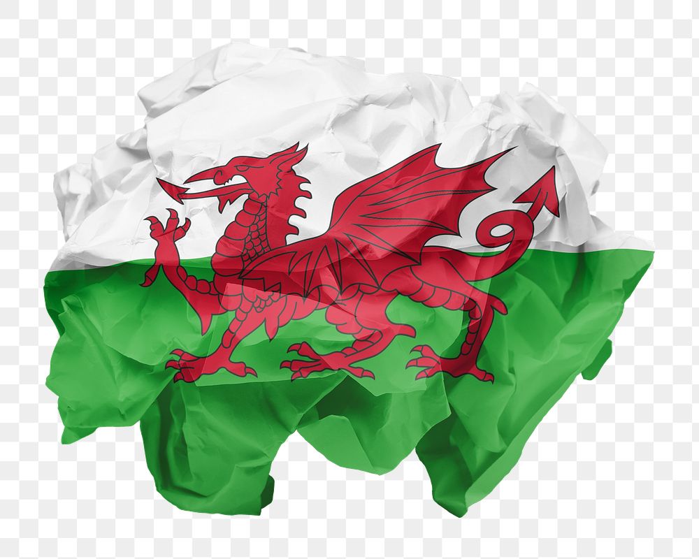 Wales flag png sticker, crumpled paper, transparent background