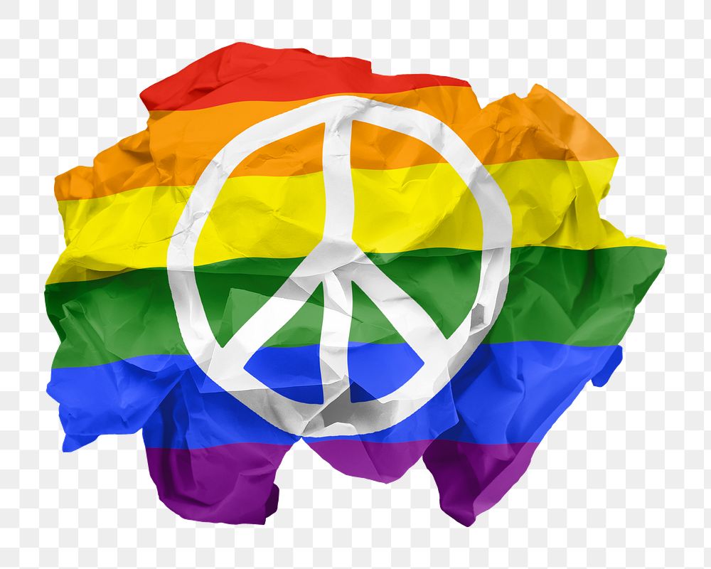 Png pride peace rainbow flag sticker, crumpled paper, transparent background