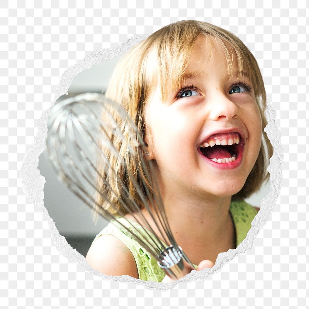Little girl png holding whisk sticker, children's education photo in ripped paper badge, transparent background