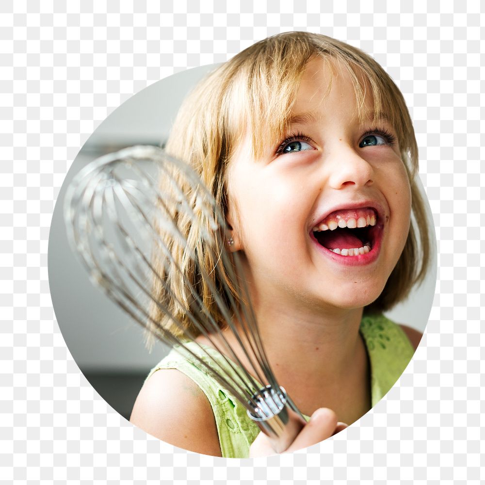 Little girl png holding whisk badge sticker, children's education photo, transparent background
