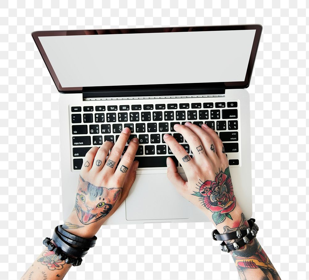 Hands on laptop png sticker, transparent background