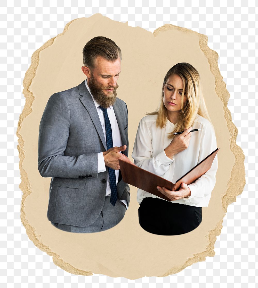 Business colleagues png sticker, ripped paper, transparent background