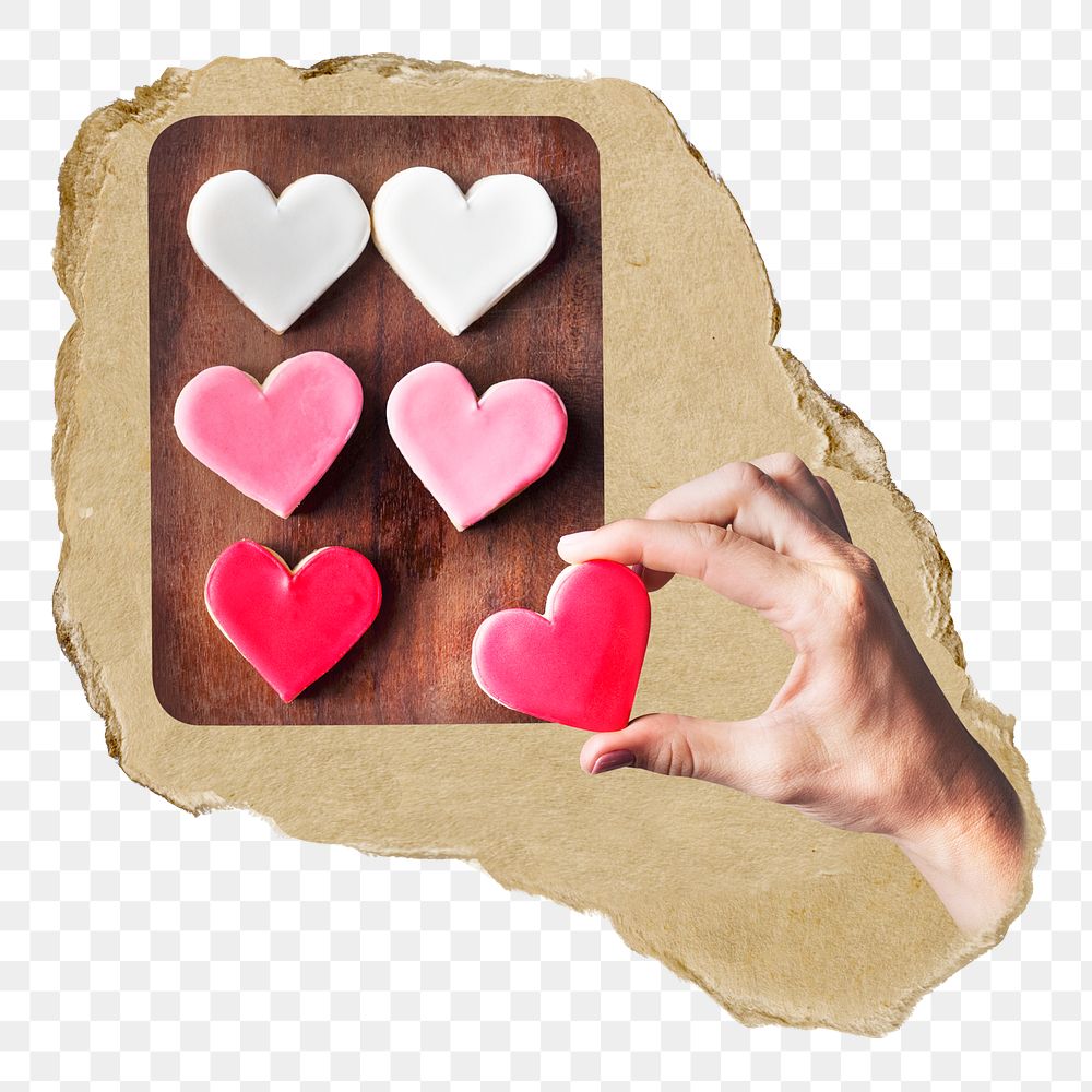 Heart cookies png ripped paper sticker, Valentine's dessert graphic, transparent background
