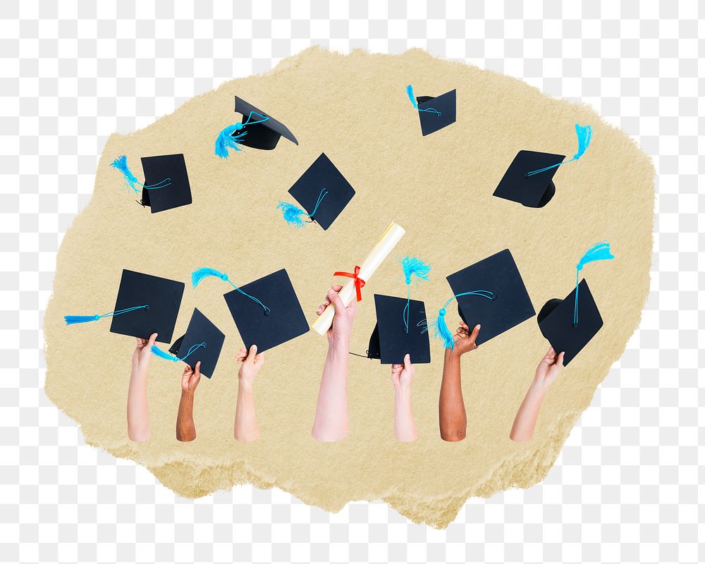 Hands throwing png graduation hats ripped paper sticker, education graphic, transparent background